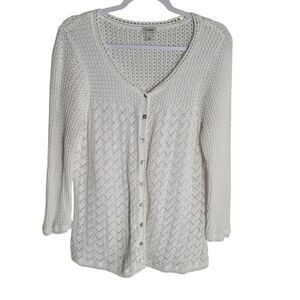 LL Bean Linen Blend Open Knit Cardigan Women's Large White Sweater Coastal Beach